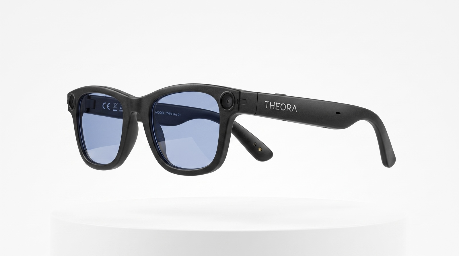 Theora glasses, three-quarter view on pedestal
