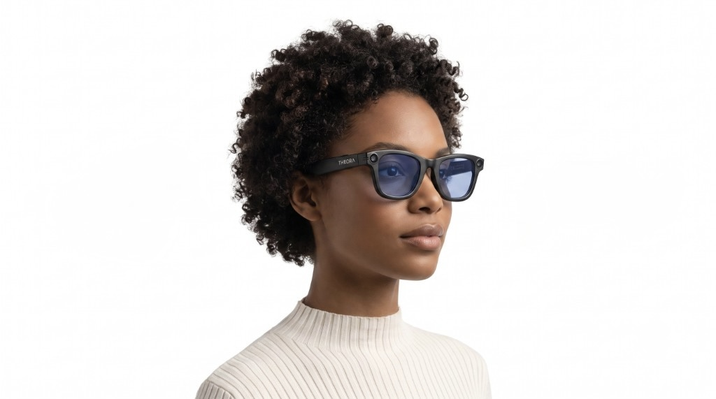 Person wearing Theora smart glasses with blue-tinted lenses